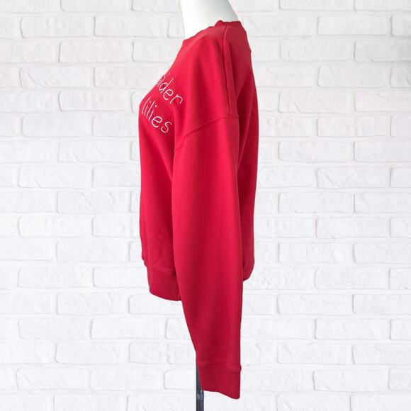 LINGUA FRANCA Women's Embroidered Sweatshirt Red "Consider the Lilies" - Picture 2 of 9